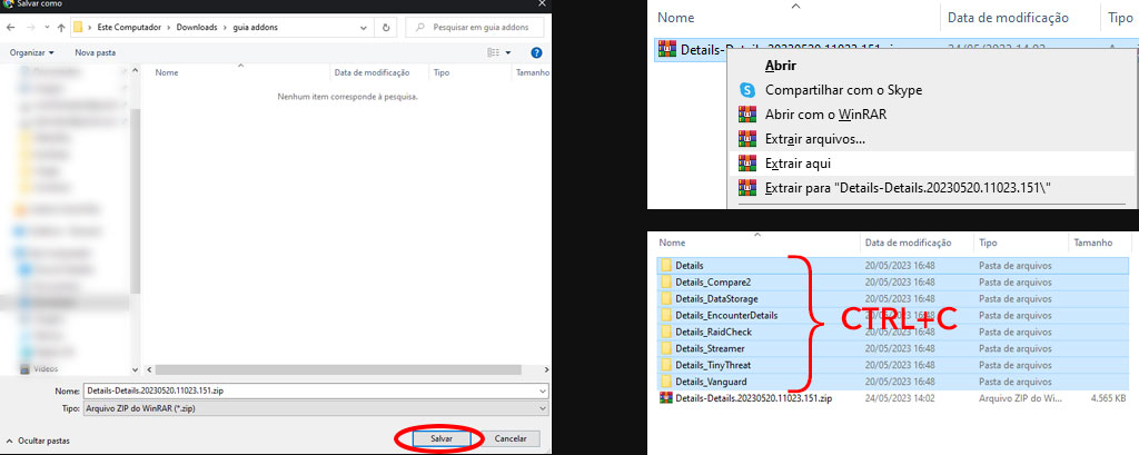 Janela de download, extraindo os arquivos do .zip e todas as pastas selecionadas indicando o atalho de copiar (ctrl+c).