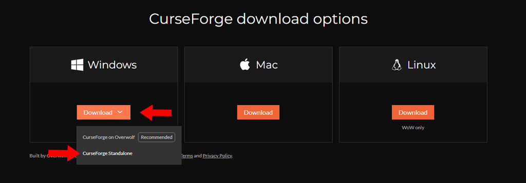 Seção de download do app no site CurseForge.