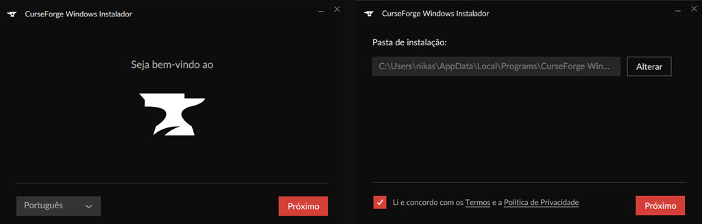 Janelas de instalação do CurseForge.